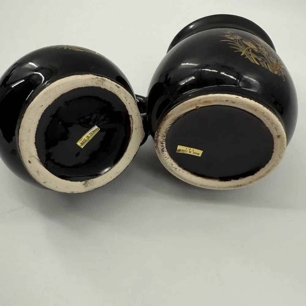 Floral Black Sugar Bowl Creamer Set Taiwan Iris Gold Accent Kitchen Serving‎